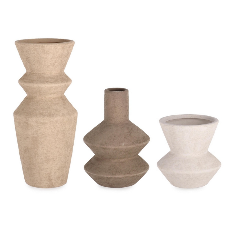 Set 3 vasi geometrici con tonalità terra in stile antico, realizzati in gres impermeabile internamente